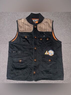 Rare Y2K 10.Deep Black & Brown Utility Biker Vest Jacket